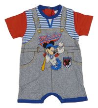 Tmavomodro-bílo-cobaltově modro-červený kraťasový overal s Mickey Disney