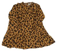 Hnědé lehké šaty s leopardím vzorem a volánky Next