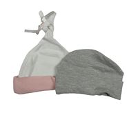 2x bavlněná čepice - šedá melírovaná + bílá s mašlí