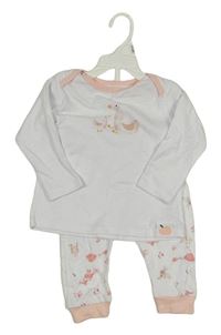 Nové - 2set - Bílé triko s kachnami + bílé lehké tepláky se zvířaty