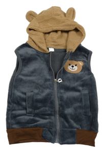 Tmavošedo-hnědá chlupatá propínací vesta s medvědem a kapucí