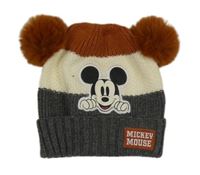 Hnědo-krémovo-tmavošedá pletená čepice s Mickeym a bambulemi Primark