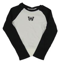 Bílo-černé žebrované crop triko s motýlem Y.F.K.