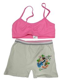 2set - Neonově růžová lambáda + smetanové kalhotky s kytarou a srdíčky