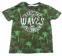 Khaki-zelené tričko s palmami a nápisem H&M