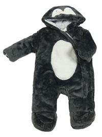 Tmavošedo-bílá plyšová zateplená kombinéza s kapucí - tučňák F&F