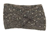 Šedo-hnědá pletená čelenka s perličkami 