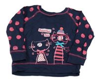 Tmavomodrá lehká mikina s kočkami a puntíkatými rukávy Yd.