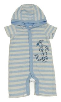 Bílo-modrý pruhovaný froté kraťasový overal s tygrem a kapucí George