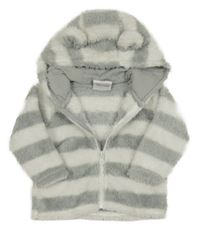 Bílo-šedá pruhovaná chlupatá propínací mikina s kapucí Topomini