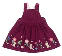 Vínové manšestrové šaty s květy a myškami Jojo Maman Bebé