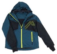 Petrolejovo-černá šusťáková zateplená funkční bunda s potiskem a kapucí Crivit