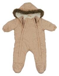 Světlerůžová šusťáková zimní kombinéza s hvězdami a kapucí s kožešinou F&F