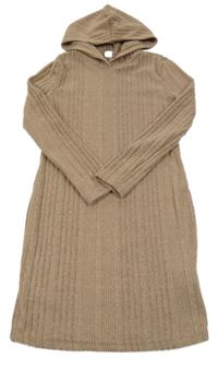 Béžové žebrované úpletové šaty s kapucí Shein