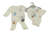 Nové - 4set - Smetanový overal se zvířátky + smetanové body s králíčky + bryndák + čepice M&S