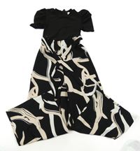 Černo-bílo-světlerůžový vzorovaný žebrovaný kalhotový overal s páskem Shein