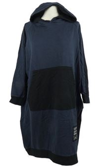 Dámské černo-tmavomodré teplákové šaty s klokaní kapsou a kapucí 