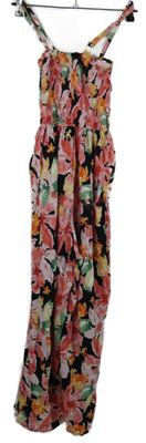 Dámský černo-růžový květovaný žabičkový letní palazzo kalhotový overal 