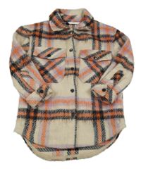 Smetanovo-růžovo-fialovo-černá kostkovaná vlněná košilová bunda M&S