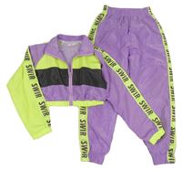 2set- fialovo-černo-neonově zelená šusťáková crop bunda s nápisy+ kalhoty 