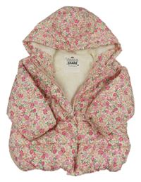 Bílo-růžová květovaná šusťáková zimní bunda s kapucí F&F