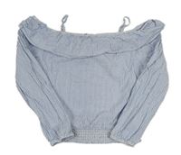 Světlemodro-bílá proužkovaná crop krepová halenka s volnými rameny H&M