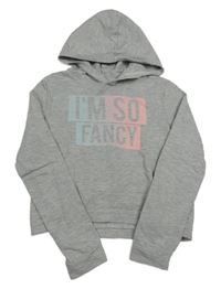 Šedá melírovaná crop mikina s nápisem a kapucí 