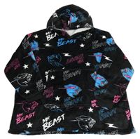 Černá plyšová oversized domácí mikina s potiskem a kapucí 