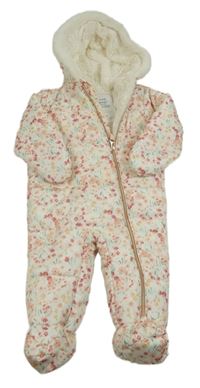 Smetanová šusťáková zimní kombinéza s kytičkami a kapucí Nutmeg