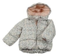 Bílá šusťáková prošívaná zimní bunda s kytičkami a kapucí H&M