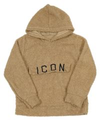 Béžová huňatá mikina s nápisem a kapucí 