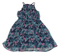 Tmavomodré šifonové šaty s květy Yigga