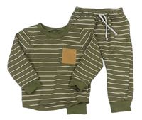 2Set - Khaki-bílé pruhované melírované mikinotriko s kapsou + tepláky