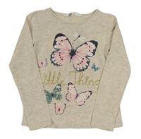 Šedo-smetanové melírované triko s motýlky a zlatým nápisem H&M