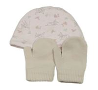 2Set - Světlerůžová čepice s Bambim miniclub + smetanové pletené palcové rukavice C&A