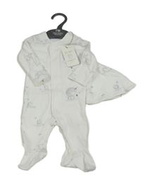 Nový - 2Set - Bílý overal se zvířátky + čepice Mothercare