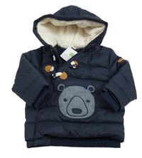 Nové - tmavomodrá prošívaná šusťáková zimní bunda s medvídkem a kapucí Topomini