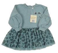 Nové - modrošedé teplákovo/tylové oversize šaty s kočičkou/kapsou a vzorem Lily&Jack