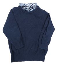 Tmavomodrý vzorovaný svetr se všitou kostkovanou košilí Matalan