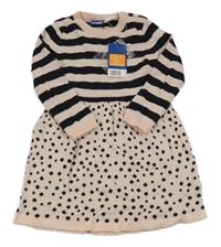 Nové - světlerůžovo-černé pletené šaty s pruhy a puntíky lupilu