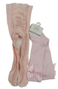 Nové - 2Set - Světlerůžové punčocháče s krajkovými volánky + podkolenky s mašlí NURSERY TIME