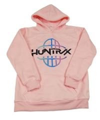 Světlerůžová teplá mikina s nápisem - HUNTRIX a kapsou a hrdinkami a kapucí