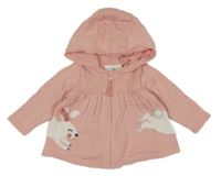 Světlerůžový propínací svetr s králíčkem a kapucí Topomini