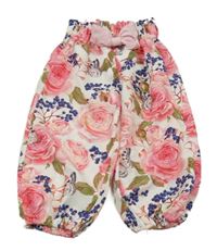 Smetanové cuff paper bag lehké kalhoty s růžemi a motýlky