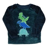 Tmavozeleno-petrolejová chlupatá mikina s dinosaury zn. Nutmeg