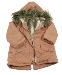 Starorůžová šusťáková zimní bunda s kapucí s kožešinou