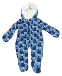 Modrá šusťáková zimní kombinéza s medvědy a kapucí
