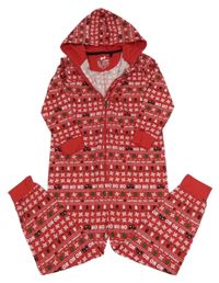 Červená vzorovaná kombinéza s ovladači a kapucí