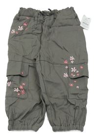 Nové - Tmavošedé podšité cargo cuff kalhoty s výšivkami květů Nutmeg