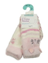 Nové - 2x chlupaté ponožky - růžovo-smetanové pruhované s kočkou + smetanové s mašlemi